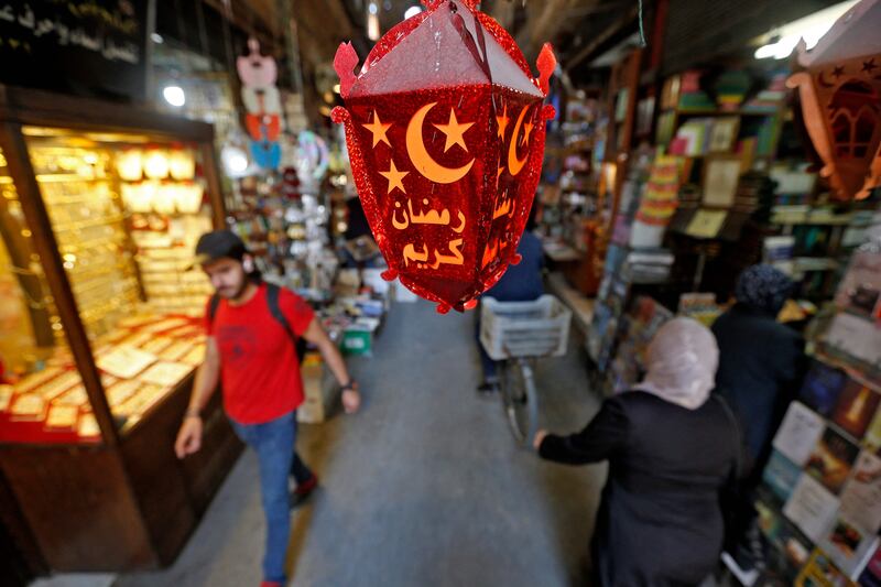 A famous Ramadan lantern inscribed with holy month greetings at Al Hamidiya market in Syria's capital Damascus. AFP