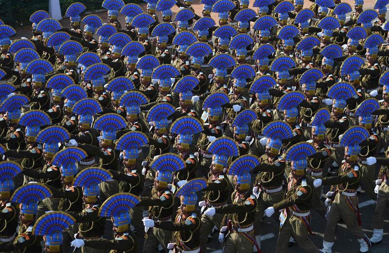 The Central Reserve Police Force contingent marches during the Republic Day parade in New Delhi. AFP