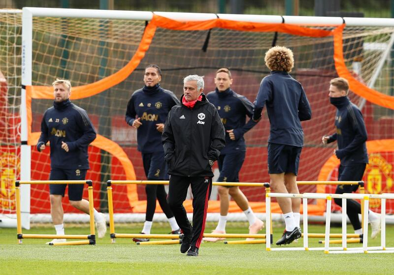 Mourinho, Luke Shaw, Chris Smalling and Nemanja Matic during training. Action Images via Reuters