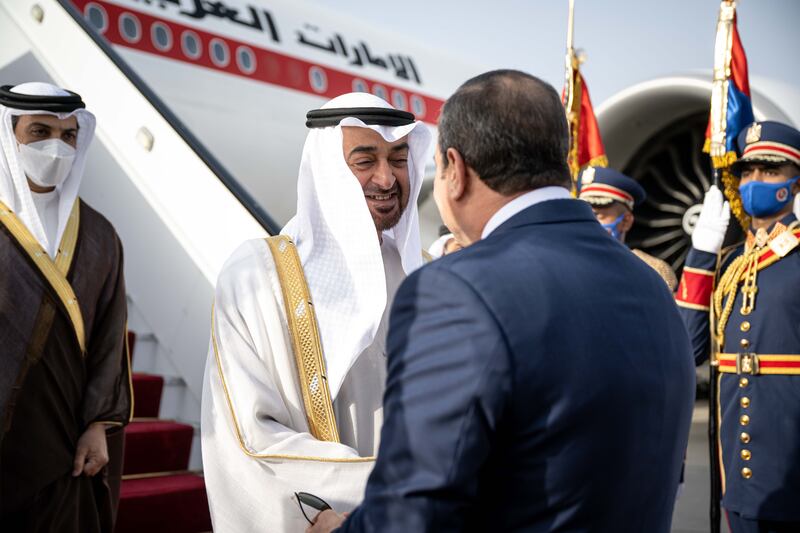 Sheikh Mohamed is received by Mr El Sisi at Cairo International Airport. Accompanying Sheikh Mohamed is Sheikh Mansour bin Zayed, UAE Deputy Prime Minister and Minister of Presidential Affairs. Rashed Al Mansoori / Ministry of Presidential Affairs 