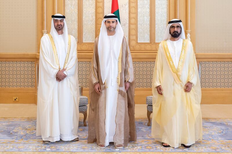 Sheikh Mohammed bin Rashid, Vice President, Prime Minister and Ruler of Dubai, and Sheikh Mohamed bin Zayed, Crown Prince of Abu Dhabi and Deputy Supreme Commander of the Armed Forces, with Mohamed Al Hussaini, Minister of State for Financial Affairs.