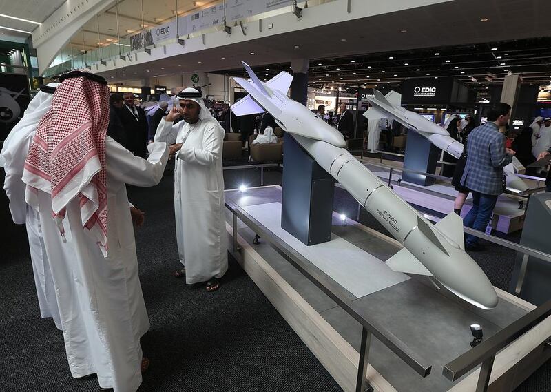 Above, the Emirates Defense Industries Company wing at Idex. Edic is the biggest exhibiting company at Idex. Satish Kumar / The National