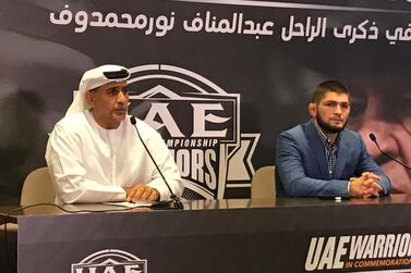 Abdulmunam Al Hashemi, left, alongside Khabib Nurmagomedov at the Jiu-Jitsu Arena in Abu Dhabi on Friday, November 27, 2020. Courtesy Palms Sports