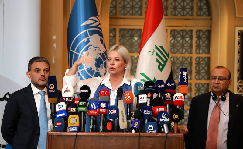 The Special Representative for the United Nations Assistance Mission for Iraq, Jeanine Antoinette Hennis-Plasschaert, speaks during a press conference in Baghdad, Iraq.  A group of 130 international experts and around 600 supporting staff will be monitoring Iraqâ€™s upcoming elections, Plasschaert said during the press conference.   EPA