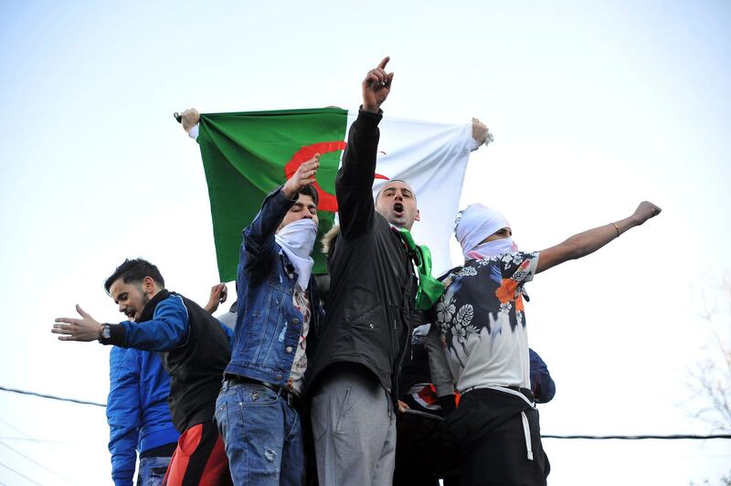 Protesters shout slogans during a demonstration to denounce President Abdelaziz Bouteflika's bid for a fifth term, in Algiers. AP