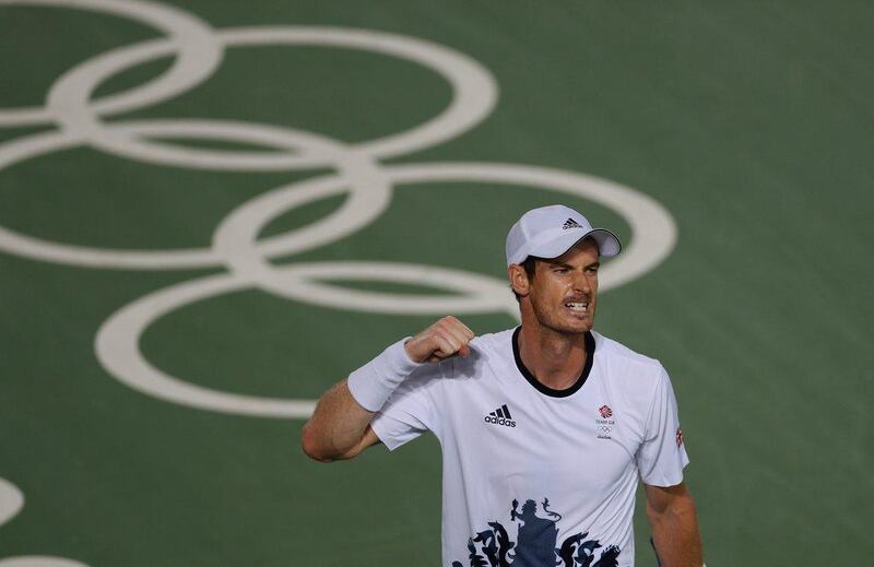 Great Britain’s Andy Murray reacts during his win in the final against Argentina’s Juan Martin del Potro in the gold medal match of the men’s singles tennis competition at the 2016 Summer Olympics in Rio de Janeiro, Brazil, Sunday, August 14, 2016. Vadim Ghirda / AP Photo