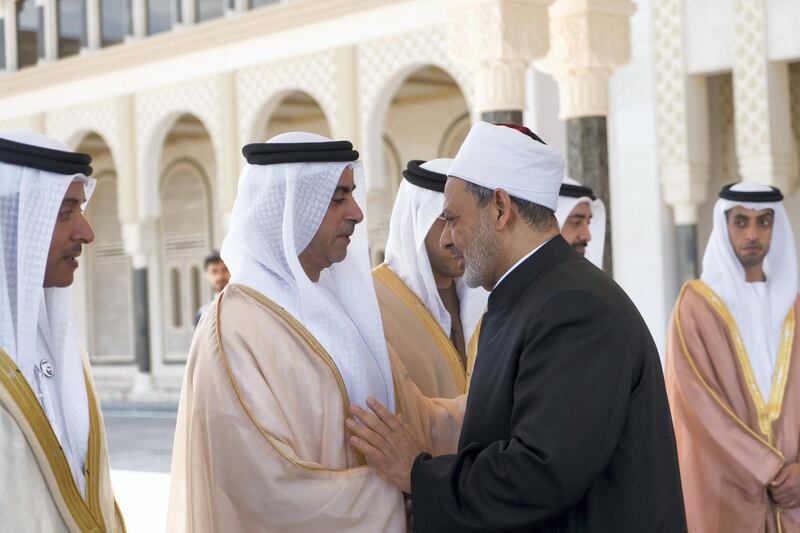 ABU DHABI, UNITED ARAB EMIRATES - February 05, 2019: Day three of the UAE Papal visit - HH Lt General Sheikh Saif bin Zayed Al Nahyan, UAE Deputy Prime Minister and Minister of Interior (2ns L), bids farewell to His Eminence Dr Ahmad Al Tayyeb, Grand Imam of the Al Azhar Al Sharif (R), at the Presidential Airport. 


( Rashed Al Mansoori / Ministry of Presidential Affairs )
---