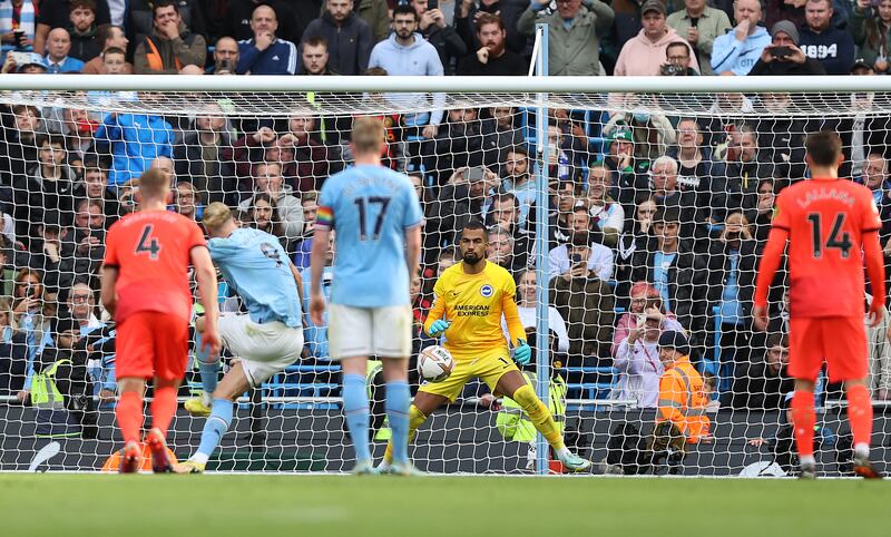 22) Haaland adds his 22nd goal for City from the penalty spot against Brighton. Getty