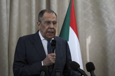 Russian Foreign Minister Sergey Lavrov in Khartoum, Sudan, on February 9. AP