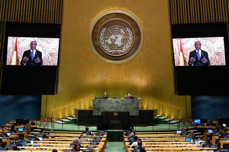In this photo provided by the United Nations, Alpha Conde, president of Guinea, speaks in a pre-recorded message which was played during the 75th session of the United Nations General Assembly, Thursday, Sept. 24, 2020, at UN headquarters in New York. The U.N.'s first virtual meeting of world leaders started Tuesday with pre-recorded speeches from some of the planet's biggest powers, kept at home by the coronavirus pandemic that will likely be a dominant theme at their video gathering this year. (Eskinder Debebe/UN Photo via AP)