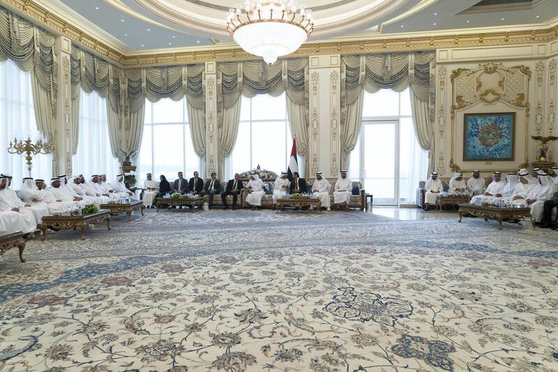 ABU DHABI, UNITED ARAB EMIRATES - October 07, 2019: ABU DHABI, UNITED ARAB EMIRATES - October 07, 2019: (Back row) HH Sheikh Mohamed bin Zayed Al Nahyan, Crown Prince of Abu Dhabi and Deputy Supreme Commander of the UAE Armed Forces (4th R), receives HE Saad Hariri, Prime Minister of Lebanon (3rd R), during a Sea Palace barza. Seen with HH Sheikh Rashid bin Saud bin Rashid Al Mu'alla, Crown Prince of Umm Al Quwain (R), HH Sheikh Hamdan bin Zayed Al Nahyan, Ruler’s Representative in Al Dhafra Region (2nd R) and HH Lt General Sheikh Saif bin Zayed Al Nahyan, UAE Deputy Prime Minister and Minister of Interior (5th R). 

( Rashed Al Mansoori / Ministry of Presidential Affairs )
---