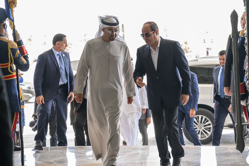 President Sheikh Mohamed is received by Egypt's President Abdel Fattah El Sisi, before a meeting at the El Alamein Presidential Palace, at New Alamein, on Egypt's Mediterranean coast. Hamad Al Kaabi / UAE Presidential Court



