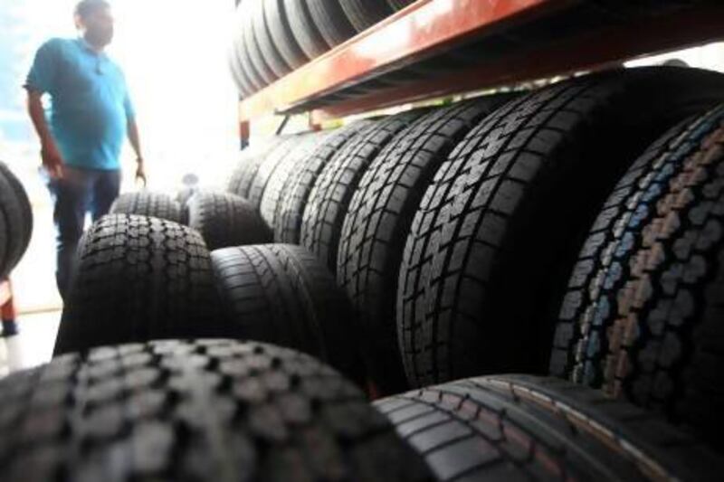 Tyres on display in a showroom in Abu Dhabi. The Emirates Authority for Standardisation and Metrology has issued new warnings about tyre safety. Ravindranath K / The National
