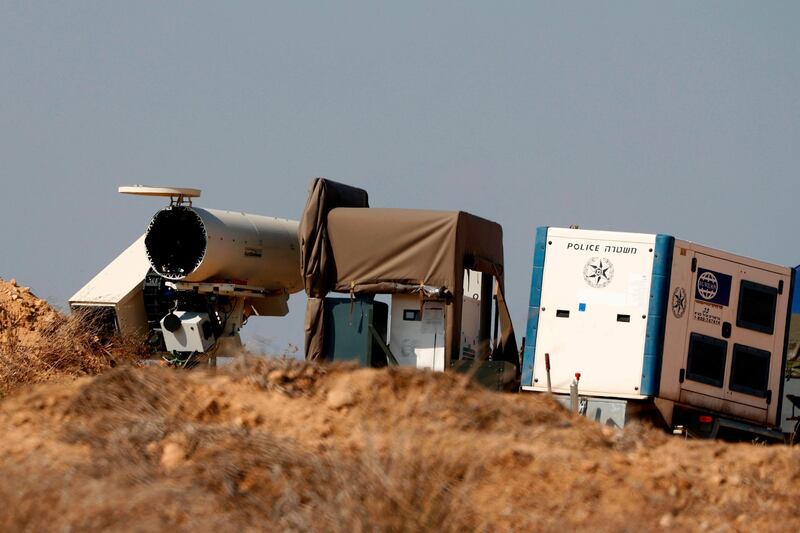 Along the Israeli Gaza border shows Israel's "Lahav Or" laser system, designed to intercept airborne incendiary threats launched from the Gaza Strip.  AFP