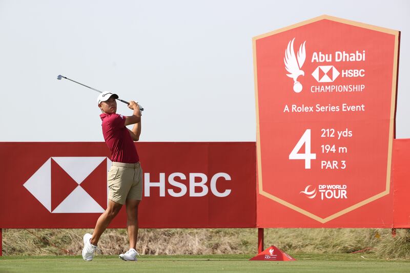 Collin Morikawa plays a tee shot on the fourth hole during a practice round prior to the Abu Dhabi HSBC Championship at Yas Links. Getty Images