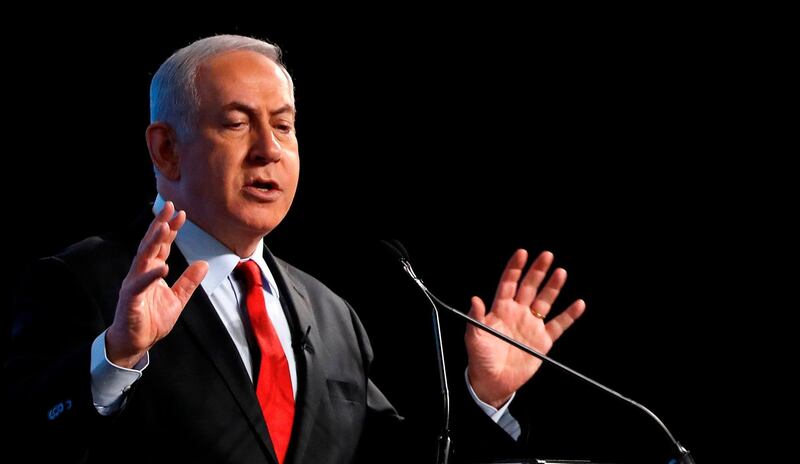 Israeli Prime minister Benjamin Netanyahu delivers a speech during the "CyberTech 2019" conference for the Cyber industry on January 29, 2019 in Tel Aviv. / AFP / JACK GUEZ
