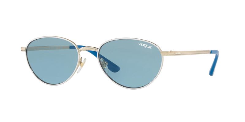 These tinted blue frames show a departure from oversized sunglasses of past seasons.