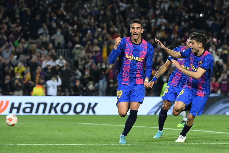 Barcelona forward Ferran Torres celebrates after scoring against Napoli at the Camp Nou. AFP