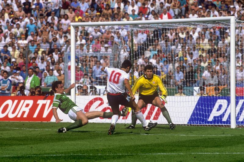 England's Gary Lineker looks certain to score but his shot is saved by Ireland goalkeeper Pat Bonner. Also pictured for Ireland is Kevin Moran (l).   (Photo by Peter Robinson - PA Images via Getty Images)