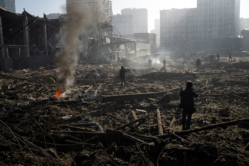 All that is left of a shopping centre after shelling in Kyiv. AP