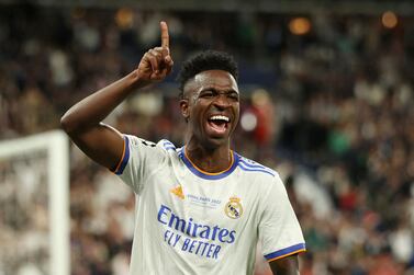 Soccer Football - Champions League Final - Liverpool v Real Madrid - Stade de France, Saint-Denis near Paris, France - May 28, 2022 Real Madrid's Vinicius Junior celebrates scoring their first goal REUTERS / Molly Darlington     TPX IMAGES OF THE DAY