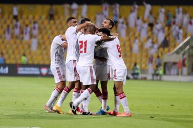 UAE's Ali Salmeen scores during 3-2 victory over Vietnam in the World cup qualifier at the Zabeel Stadium, Dubai on June 15, 2021. Chris Whiteoak / The National