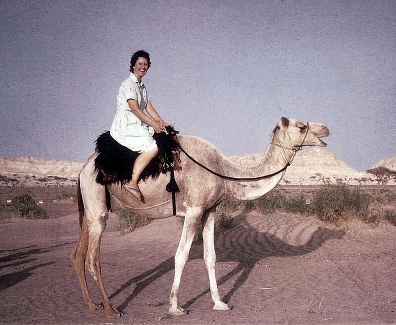 Gertrude Dyck, also known as Dr Latifa, is pictured here riding a camel. Courtesy Oasis Hospital