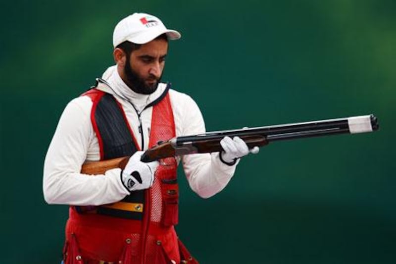 Sheikh Saeed bin Maktoum competes during the second skeet qualifying round at Royal Artillery Barracks