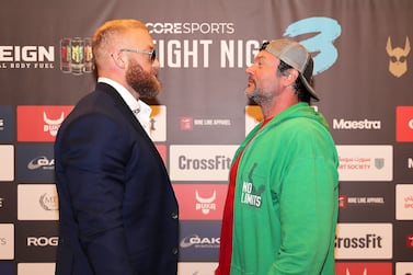 Hafthor Bjornsson (left) and Devon Larratt (right) during the press conference of CoreSports Fight Night 3 held at Oaks at Ibn Battuta Gate Hotel Dubai in Dubai on 16 September,2021. Pawan Singh/The National. Story by Amith