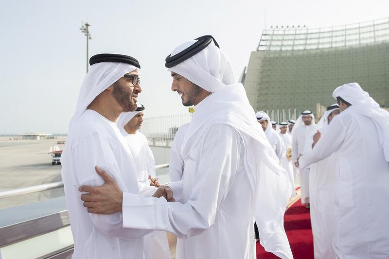 Sheikh Mohamed bin Zayed, Crown Prince of Abu Dhabi, greets Sheikh Jasim bin Hamad, Personal Representative of the Emir of Qatar, upon his arrival at Doha last week. (Mohamed Al Hammadi / Crown Prince Court - Abu Dhabi)

---