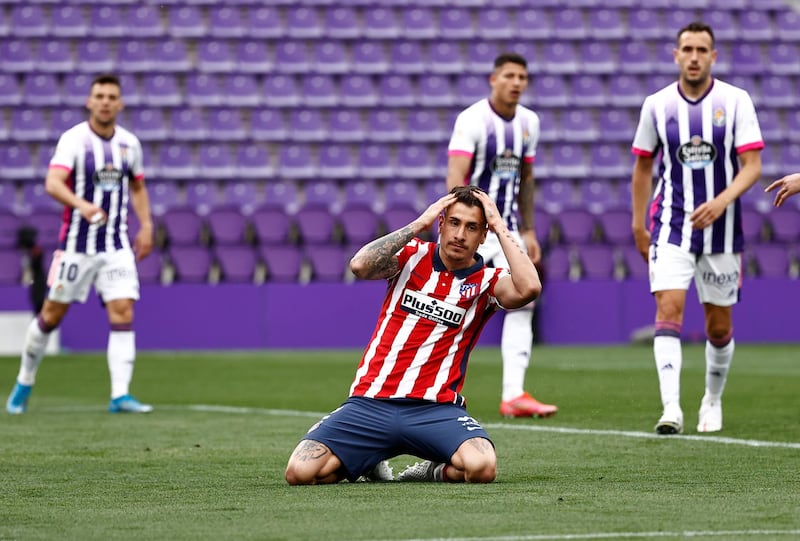 Atletico Madrid's Jose Gimenez reacts after missing a chance to score. Reuters