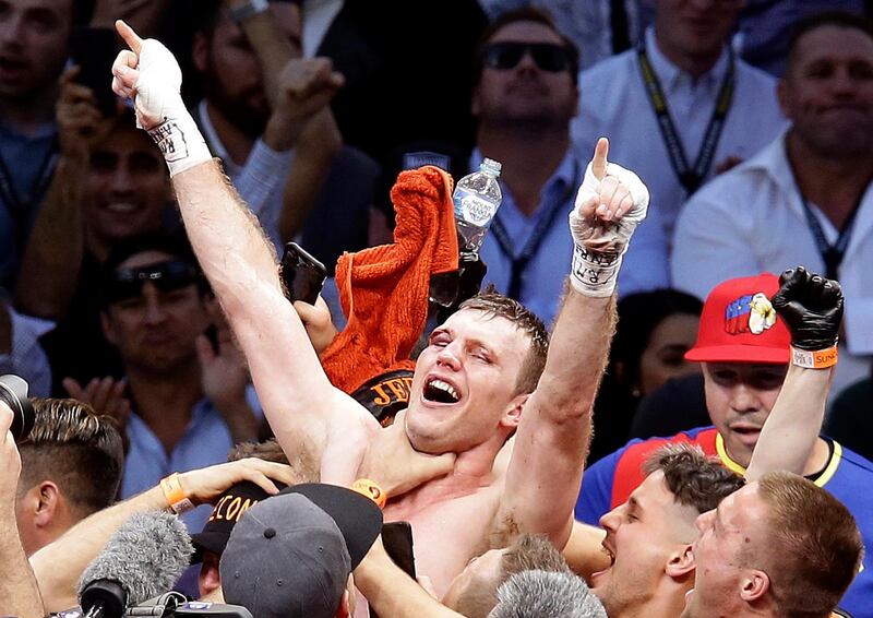 Jeff Horn, of Australia, celebrates after beating Manny Pacquiao, of the Philippines, during their WBO World Welterweight title fight in Brisbane, Australia.