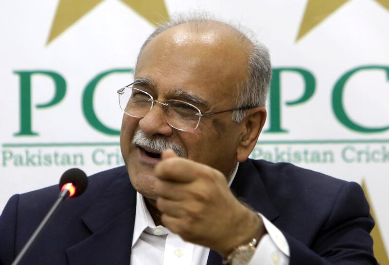 Pakistan Cricket Board chairman Najam Sethi addresses a news conference in Lahore, Pakistan, Monday, Aug. 21, 2017. Sethi says international cricket will return to the country next month when a World XI plays a three-match Twenty20 series in Lahore. (AP Photo/K.M. Chaudary)