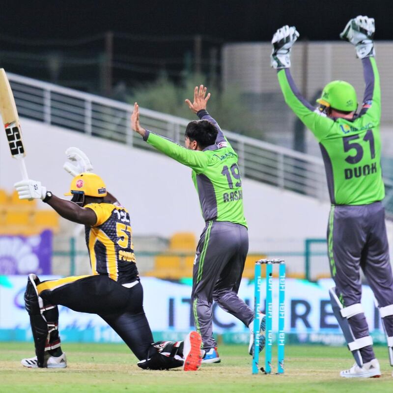 Rashid Khan took five for 20 as Lahore Qalandars beat Peshawar Zalmi by 10 runs at the Zayed Cricket Stadium. Courtesy PCB