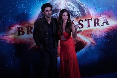 Bollywood actors Ranbir Kapoor, left, and Alia Bhatt pose for a photograph during a promotional event for their film 'Brahmastra' in New Delhi on December 15, 2021. NurPhoto