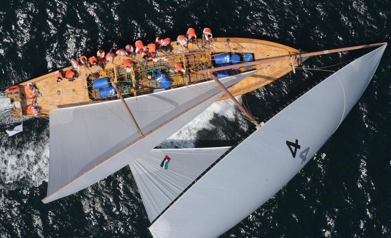 Participants in a traditional wooden boat, or dhow, compete during the Al Gaffal race, a long-distance dhow sailing race, in Dubai. Reuters