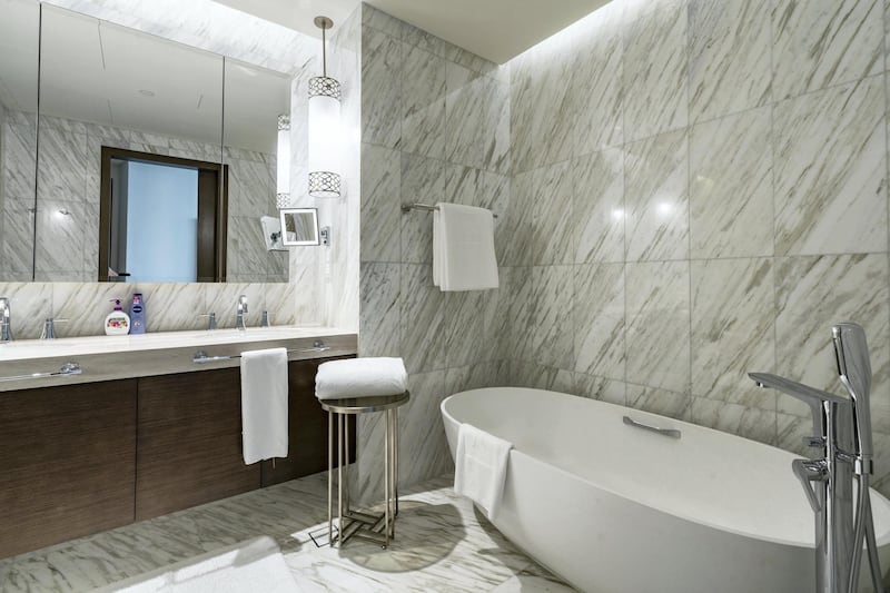 The bathroom is modern with a five-star hotel feel.