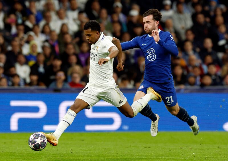 Chelsea's Ben Chilwell fouls Real Madrid's Rodrygo on the edge of the box before being shown a red card. Reuters
