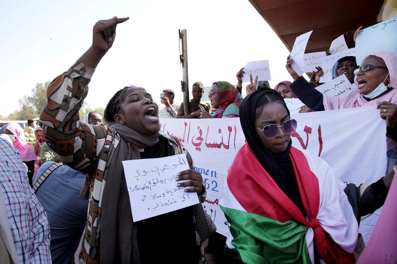 Sudanese women protest in Omdurman, over alleged rapes by security forces during anti-coup rallies on December 19. AP Photo