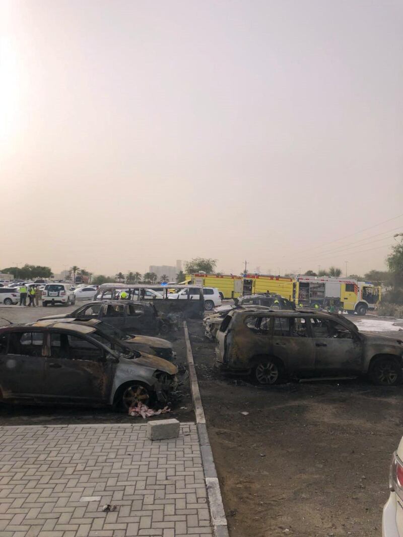 Eleven vehicles have been destroyed in a blaze that broke out in Dubai Outlet Mall parking on Saturday evening. Courtesy Dubai Civil Defence 