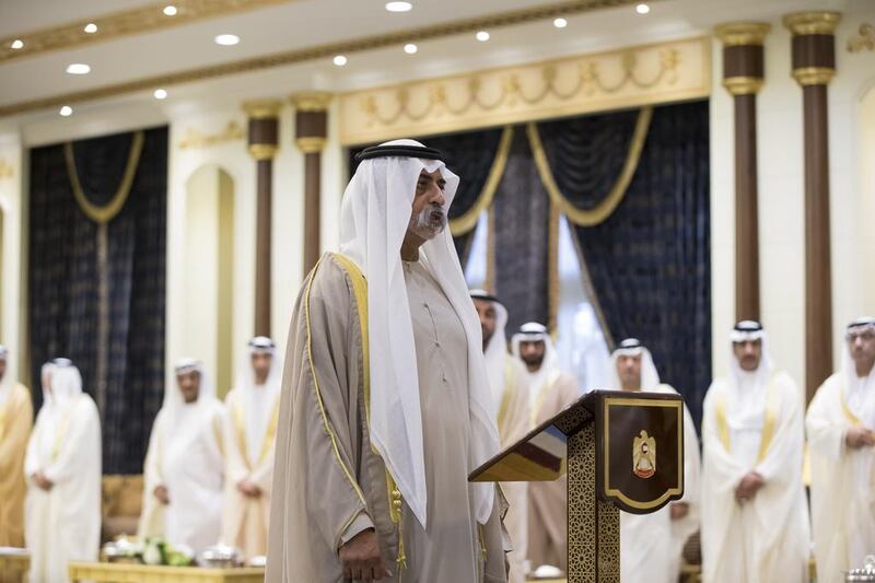 Sheikh Nahyan bin Mubarak, Minister of Culture and Knowledge Development, gives an oath during a swearing-in ceremony for the Cabinet ministers.