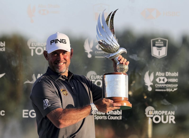 Abu Dhabi, United Arab Emirates - Reporter: Paul Radley and John McAuley: Lee Westwood celebrates winning the Abu Dhabi HSBC Championships. Sunday, January 19th, 2020. Abu Dhabi Golf Club, Abu Dhabi. Chris Whiteoak / The National