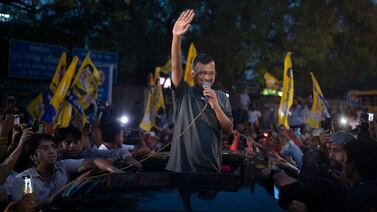 Aam Aadmi Party leader Arvind Kejriwal greets supporters after his release from Tihar Jail in New Delhi, India, Friday, May 10, 2024.  The Supreme Court ordered Arvind Kejriwal's temporary release enabling him to campaign in the country's national election until the voting ends on June 1.  (AP)