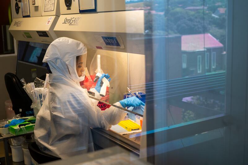 A scientist at the Africa Health Research Institute in Durban, South Africa, studies the Omicron variant. AP