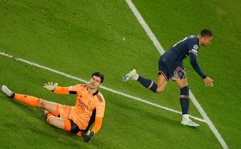 REAL MADRID RATINGS: Thibaut Courtois – 8. The Belgian international had a busy evening, making multiple saves from Mbappe and dealing with sustained PSG pressure. Excellent penalty save to deny Messi. Couldn’t do anything about the goal. AFP