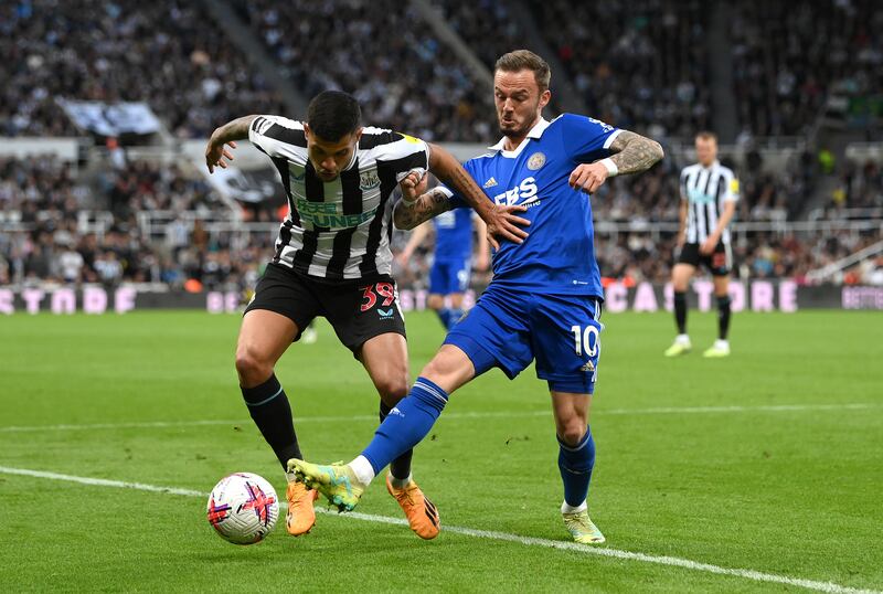 Newcastle's Bruno Guimaraes is challenged by James Maddison of Leicester City. Getty Images