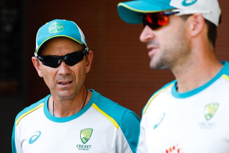 Australia coach Justin Langer with opening batsman Joe Burns. Getty