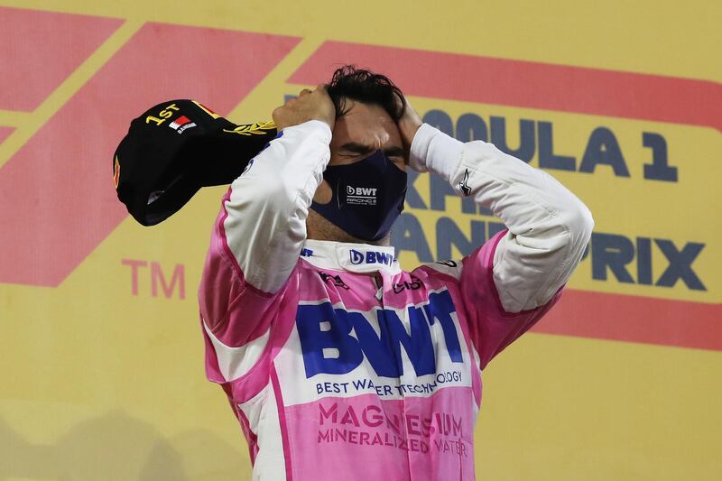 Sergio Perez of  Racing Point celebrates on the podium after winning the Sakhir Grand Prix at the  Bahrain International Circuit on Sunday. Getty