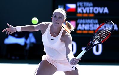 epa06596777 Petra Kvitova from the Czech Republic in action against Amanda Anisimova from USA  during the BNP Paribas Open at the Indian Wells Tennis Garden in Indian Wells, California, USA, 11 March 2018.  EPA/MIKE NELSON