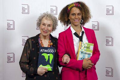 LONDON, ENGLAND - OCTOBER 14: (L-R) Joint winners Margaret Atwood and Bernardine Evaristo during 2019 Booker Prize Winner Announcement photocall at Guildhall on October 14, 2019 in London, England. (Photo by Jeff Spicer/Getty Images)